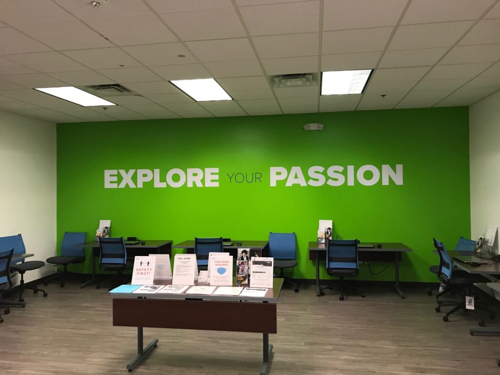 "explore your passion" on green wall at the Seminole Career Center 